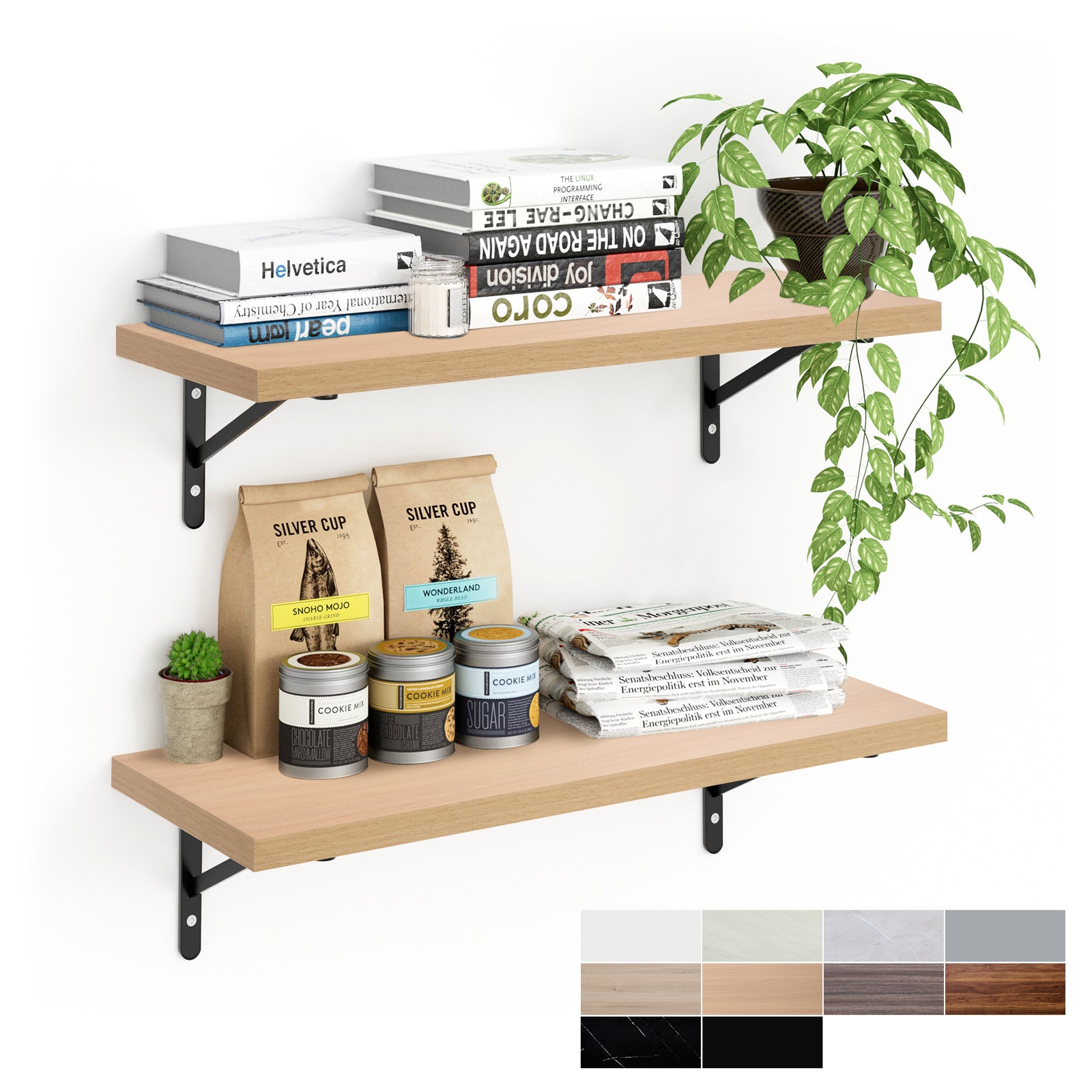 KABOON Floating Shelves for Wall, Set of 2--Light Walnut