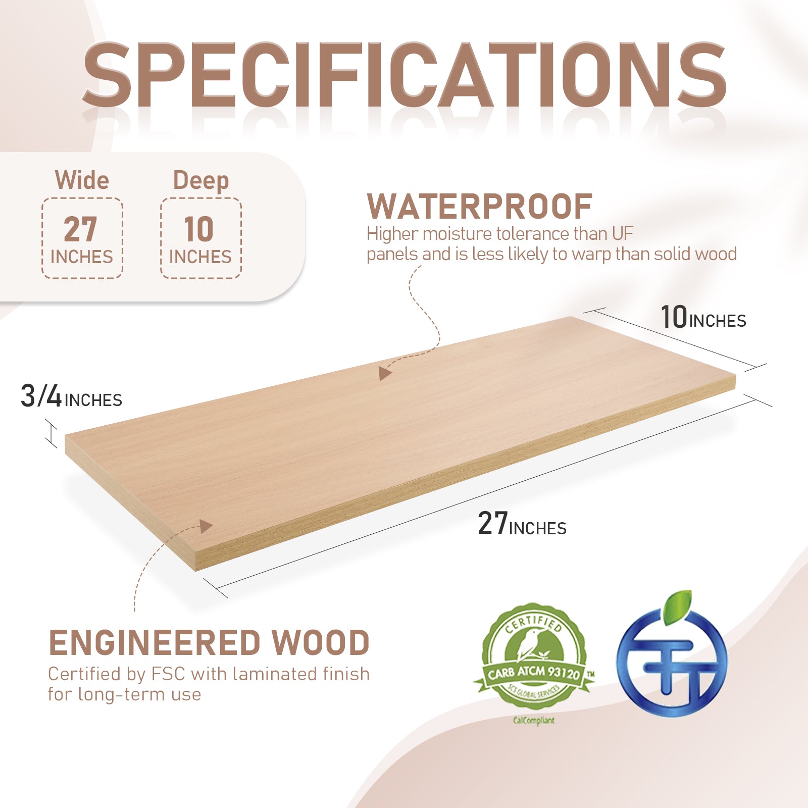 KABOON Floating Shelves for Wall, Set of 2--Light Walnut