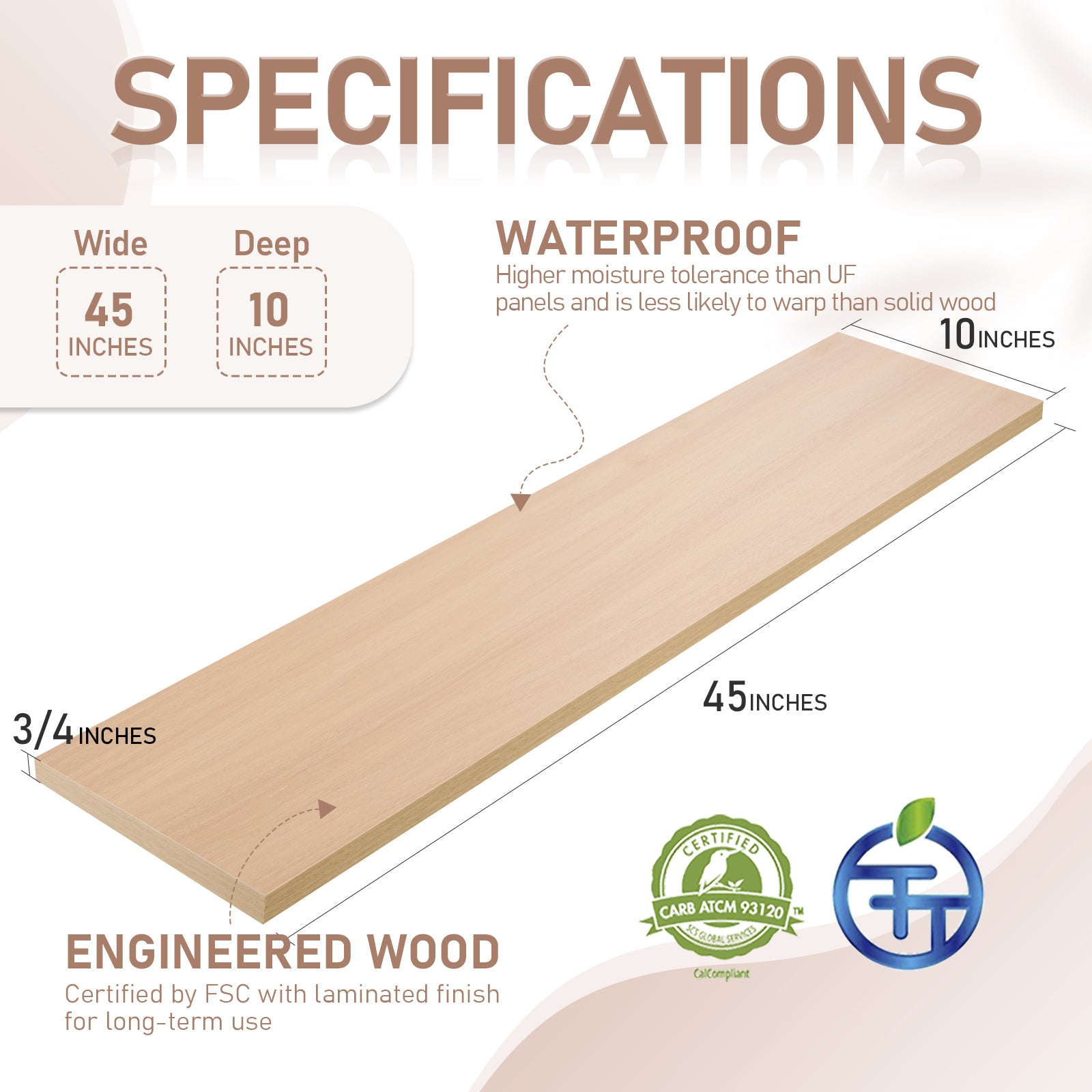KABOON Floating Shelves for Wall, Set of 2--Light Walnut