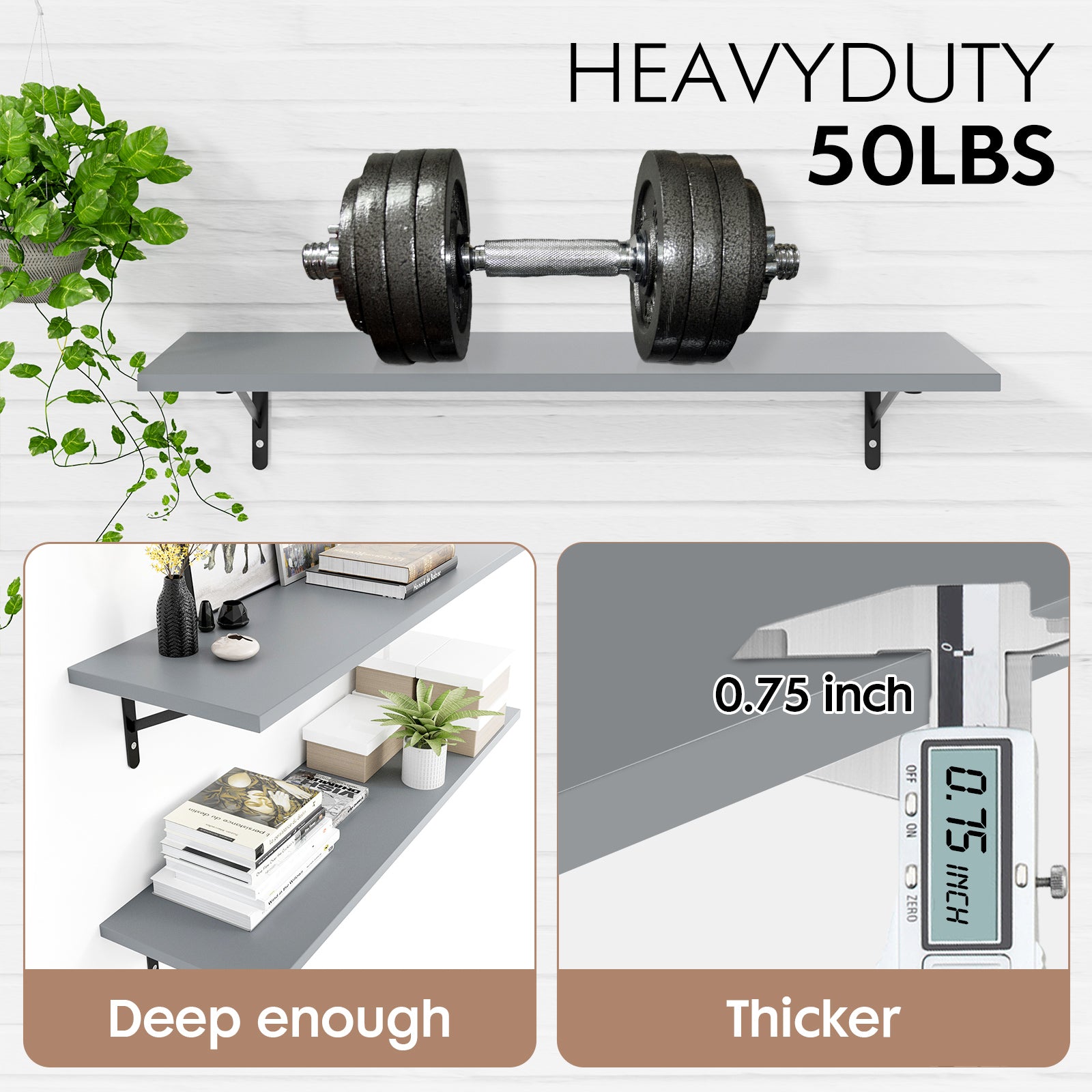 KABOON Floating Shelves for Wall, Set of 2--Gray