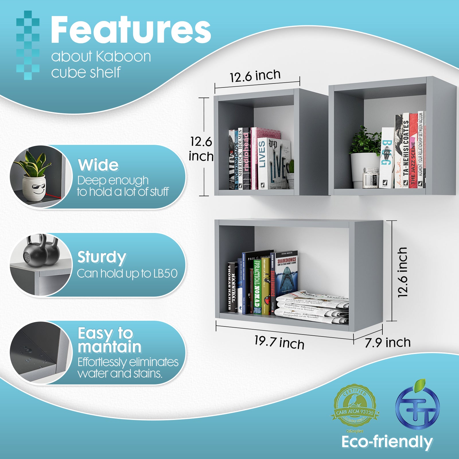 KABOON Floating Cube Shelves--Gray
