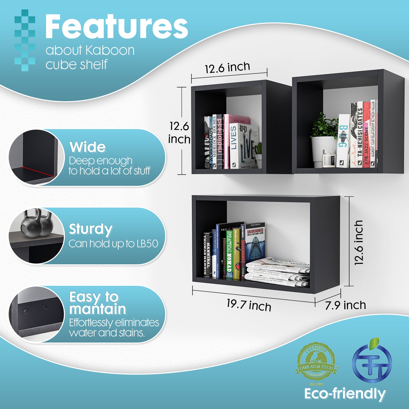 KABOON Floating Cube Shelves--Black