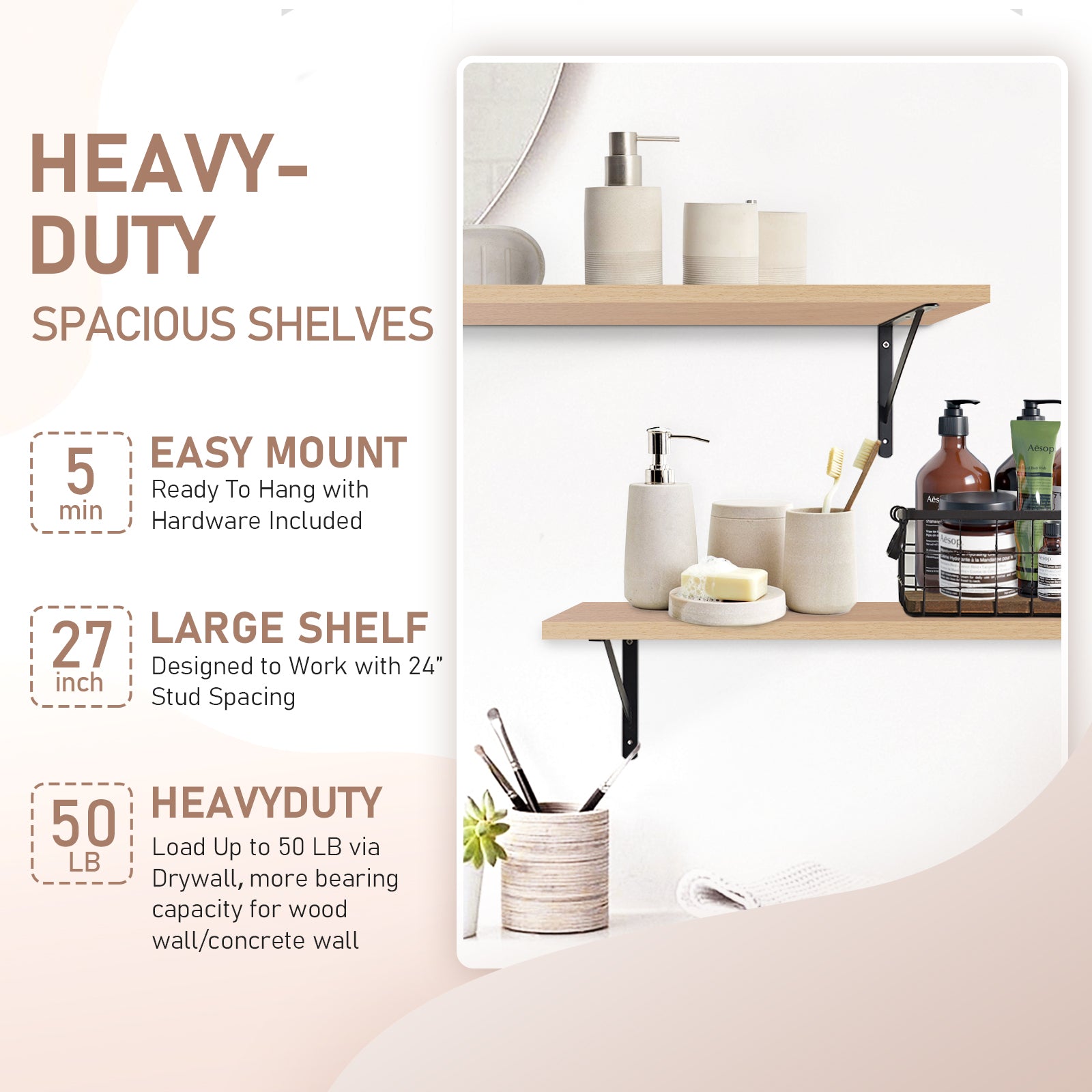 KABOON Floating Shelves for Wall, Set of 2--Light Walnut
