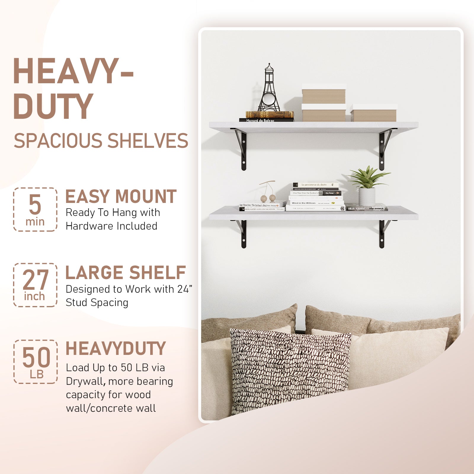 KABOON Floating Shelves for Wall, Set of 2--White Rock