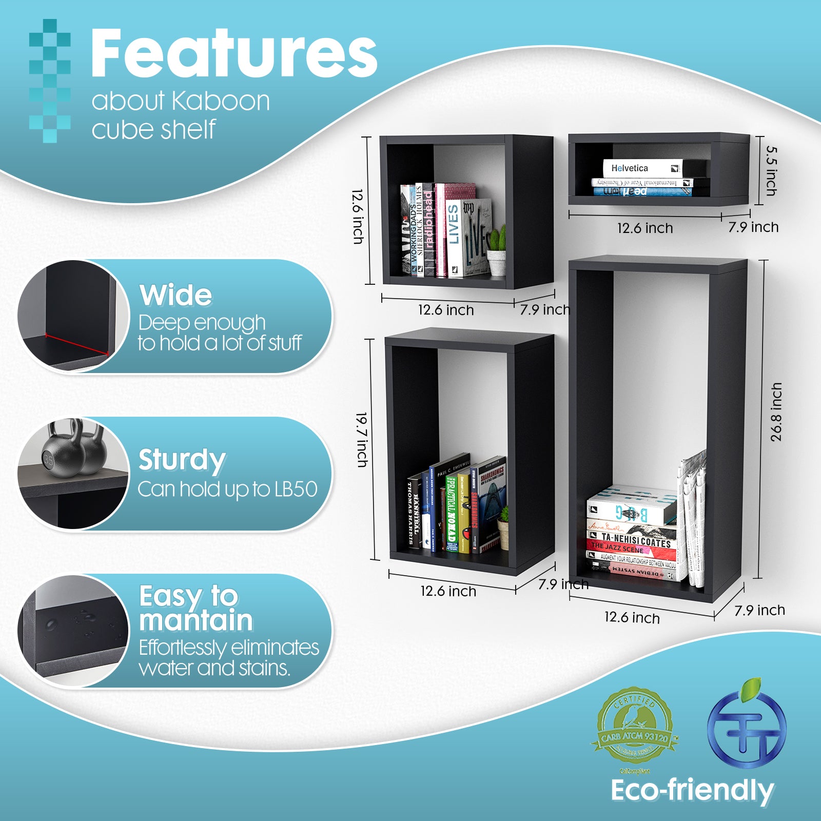 KABOON Floating Cube Shelves--Black