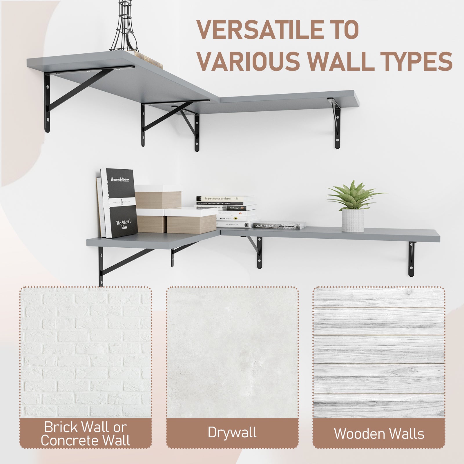 KABOON Floating Shelves for Wall, Set of 2--Gray