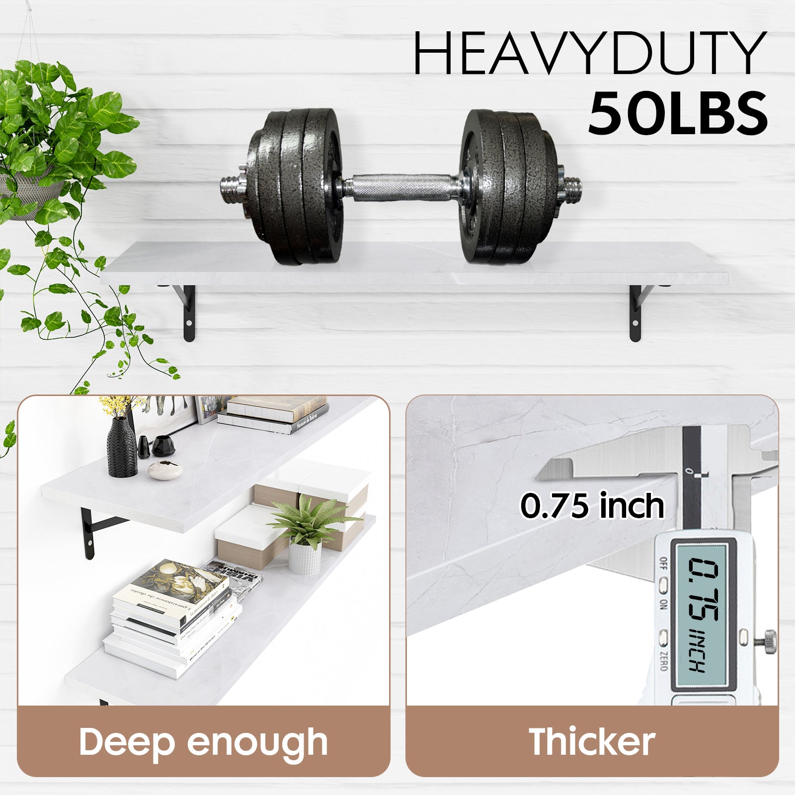 KABOON Floating Shelves for Wall, Set of 2--White Rock