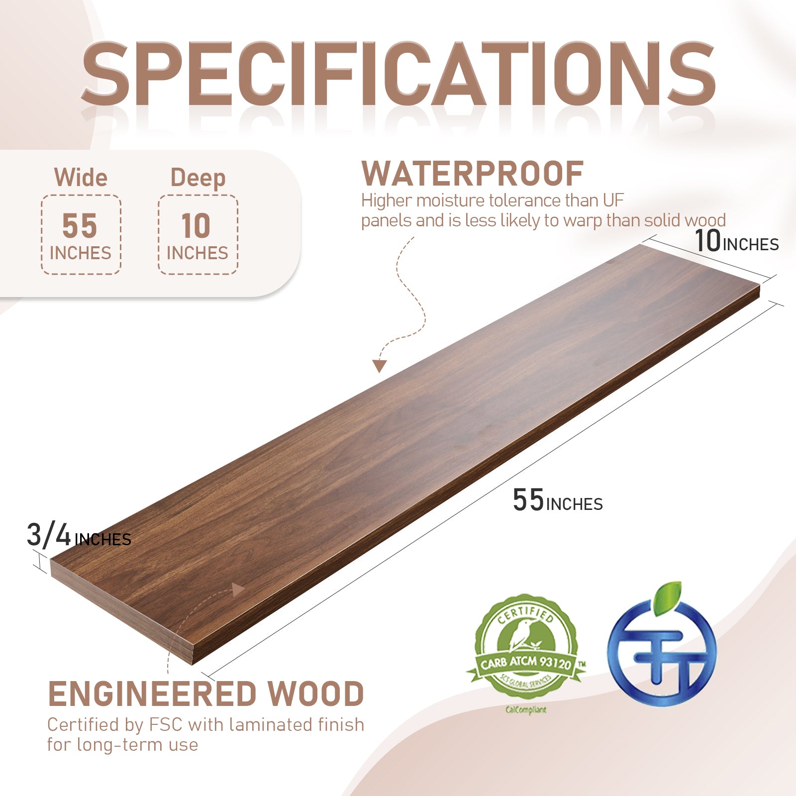 KABOON Floating Shelves for Wall, Set of 2--Dark Walnut