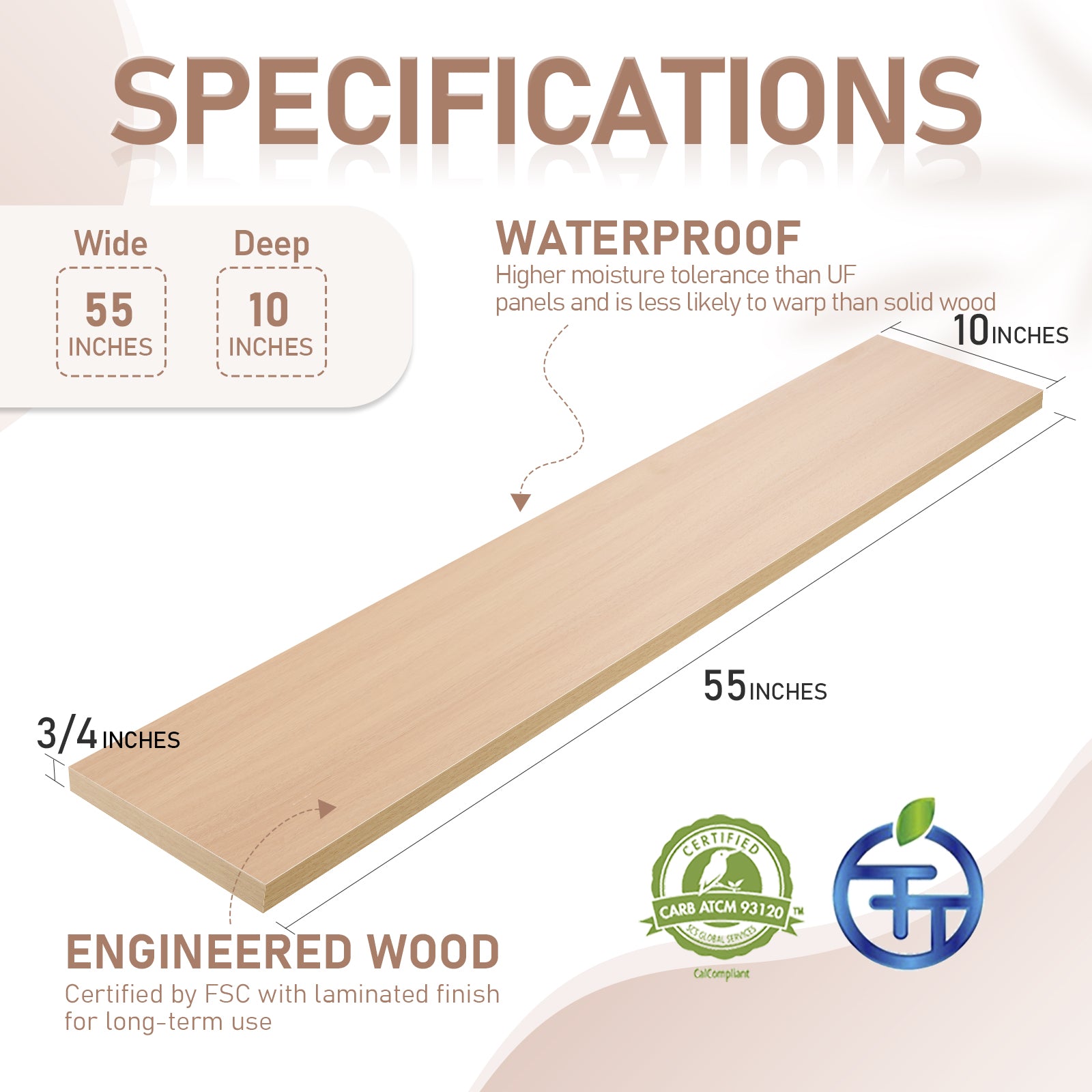 KABOON Floating Shelves for Wall, Set of 2--Light Walnut