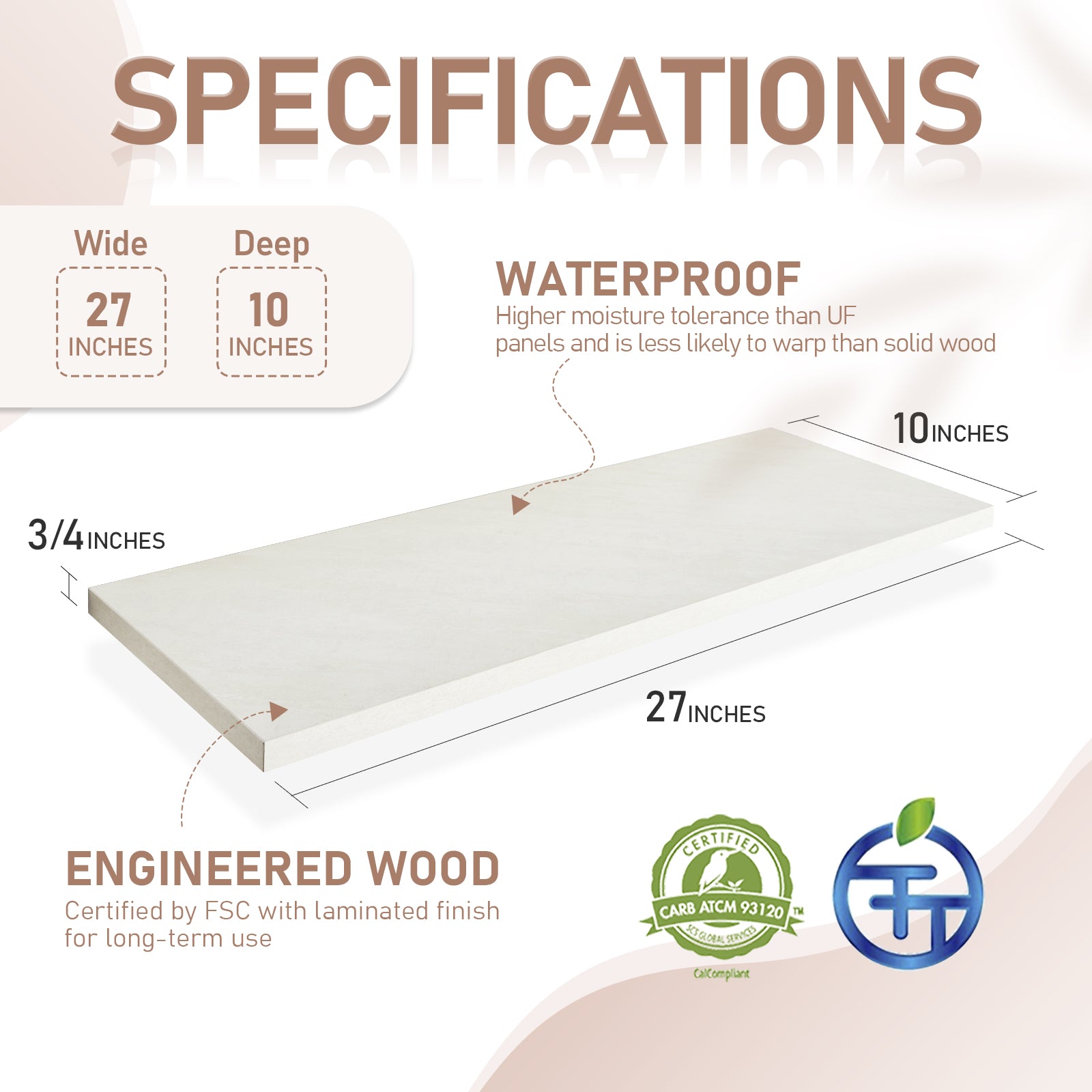 KABOON Floating Shelves for Wall 10" D x 27” W Set of 2--Sea Salt